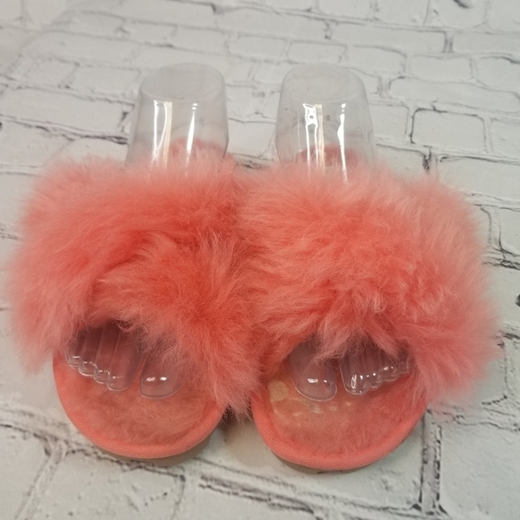 Ugg neon coral peach shearling scruff slides slippers - Picture 7 of 11